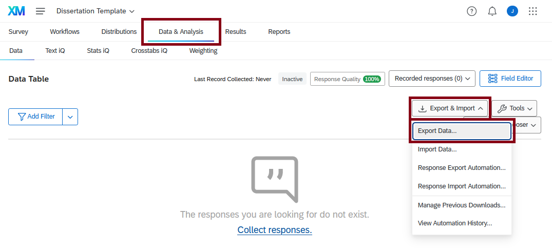 A screenshot the Qualtrics Data & Analysis screen with red boxes indicating the steps to take to export data: Data & Analysis tab, Export & Import menu, and Export Data... option.